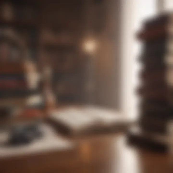 A thoughtful individual journaling beside a stack of influential books.