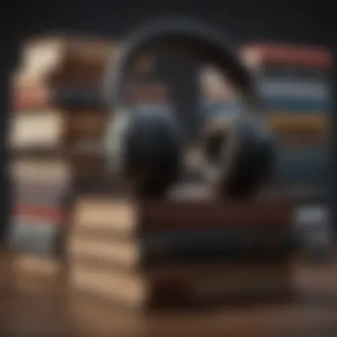 Books stacked with headphones, symbolizing knowledge and insight