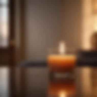 A close-up of a candle flame flickering in a dimly lit room for meditation