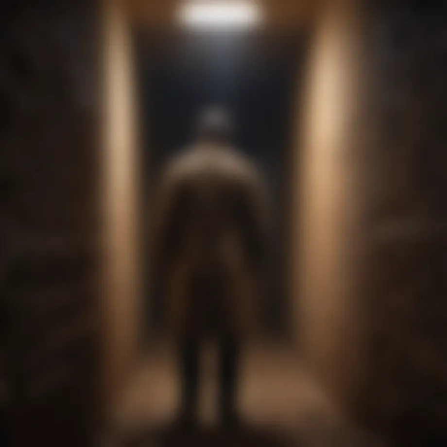 Silhouette of man in trench coat spying