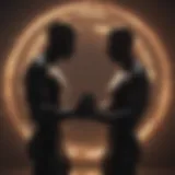 Abstract portrait of two silhouetted figures reaching out to each other