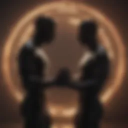 Abstract portrait of two silhouetted figures reaching out to each other