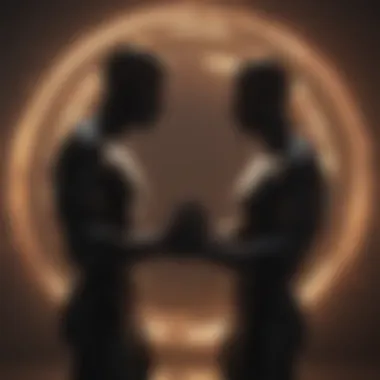 Abstract portrait of two silhouetted figures reaching out to each other