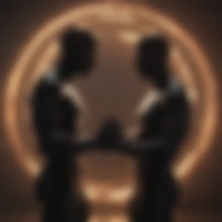 Abstract portrait of two silhouetted figures reaching out to each other