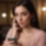 A woman glancing at her phone with a mysterious expression