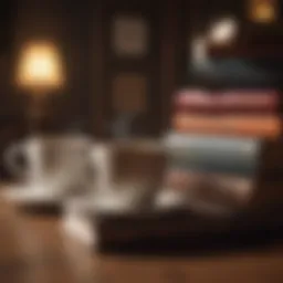 A stack of classic literature books with a warm cup of coffee