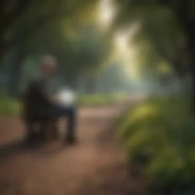 A contemplative scene of a man reading in a tranquil park