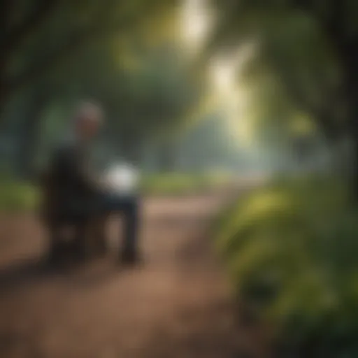 A contemplative scene of a man reading in a tranquil park