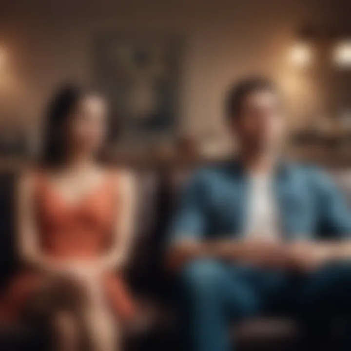 A couple sitting apart on a couch, indicating emotional distance.