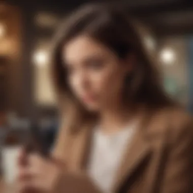 A woman looking at her phone with a worried expression, suggesting secrecy.