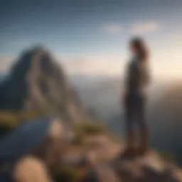 Illustration depicting a woman standing confidently on top of a mountain