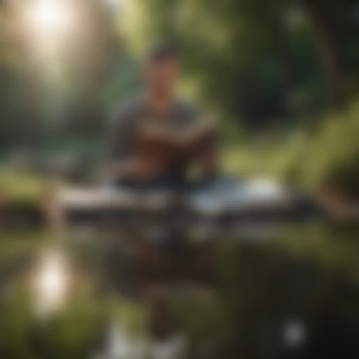 A serene person meditating in nature with a book beside them