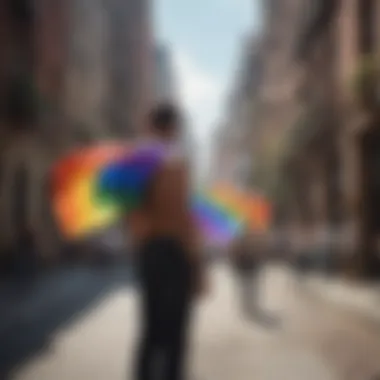 Rainbow flags waving proudly in a cityscape