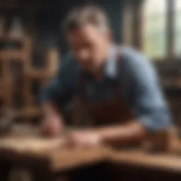A man engrossed in woodworking, shaping a piece of wood with precision and care.