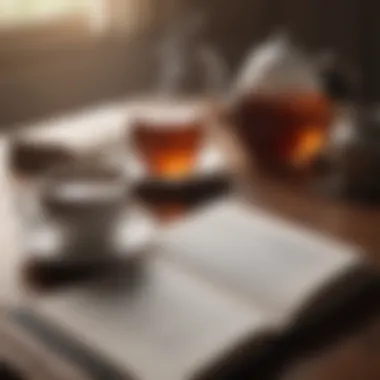 Literature and Reflection An open book with highlighted passages and a cup of tea.
