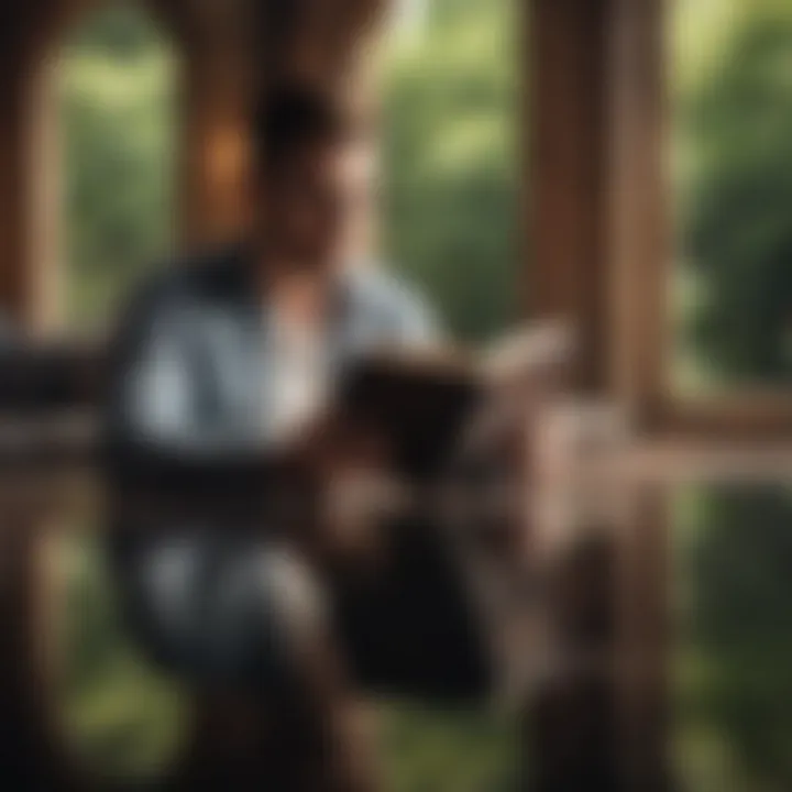 A thoughtful man reading a book in a serene environment