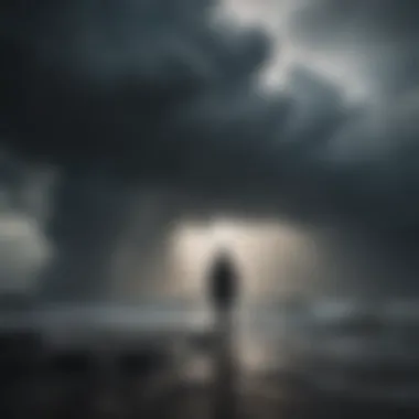 Seeking Support in Turbulent Times Silhouette of a person standing in the midst of a storm, symbolizing inner turmoil and seeking support
