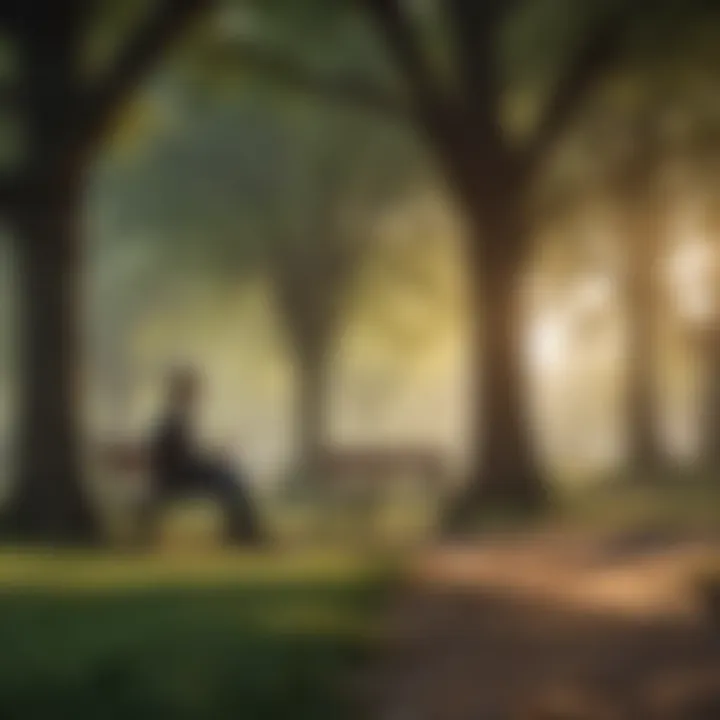 A serene park setting with two individuals sharing thoughts and ideas