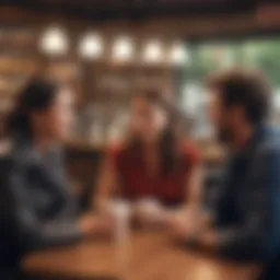 A group of individuals engaging in a lively discussion in a cozy cafe setting.