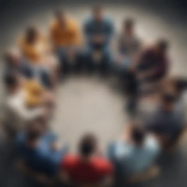 Illustration depicting diverse group of individuals sharing experiences and providing support in a circle