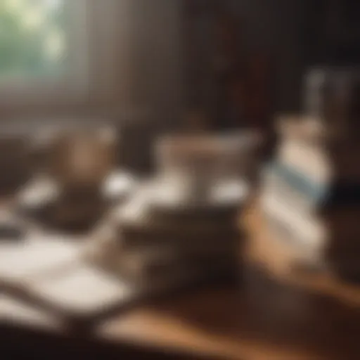 A stack of books with a cup of tea and a notepad