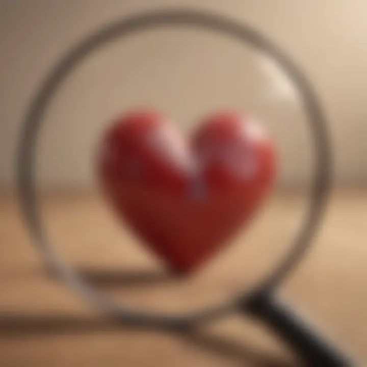 A magnifying glass over a heart symbol, representing investigation