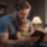 A thoughtful single father reading a story to his child