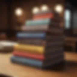 A stack of influential self-help books on a wooden table.