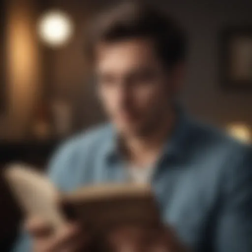 A person reading a book with a thoughtful expression