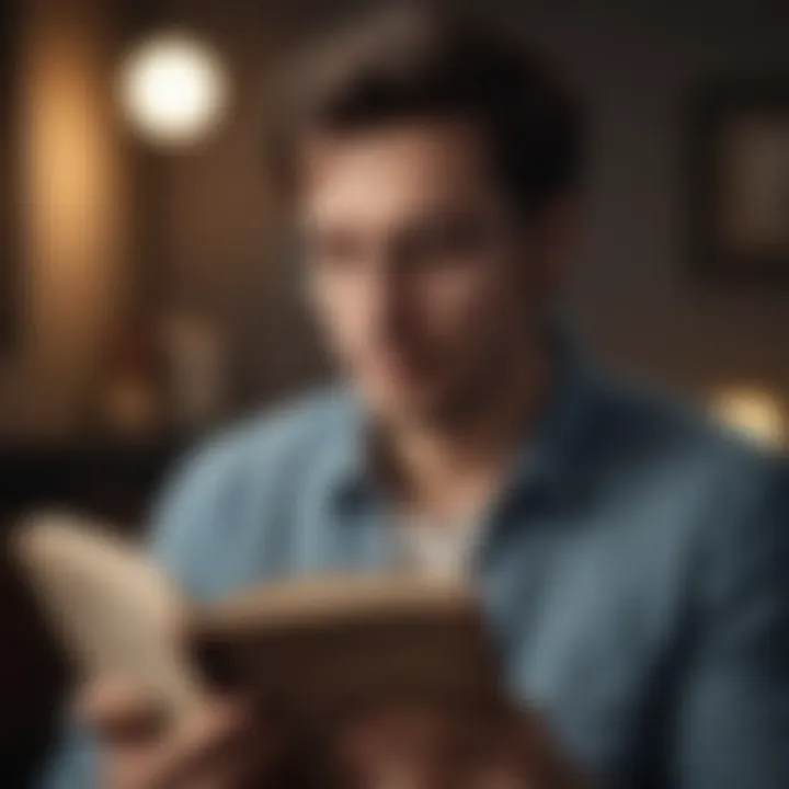 A person reading a book with a thoughtful expression