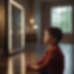 A young child looking contemplative in a dimly lit room.