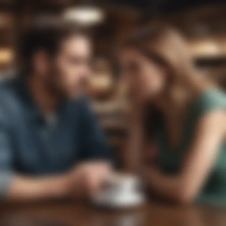 A couple having a tense conversation at a cafe, showcasing stress in communication