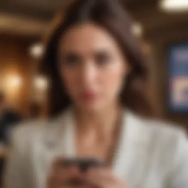 A woman looking at her phone with a worried expression, hinting at feelings of doubt and suspicion.