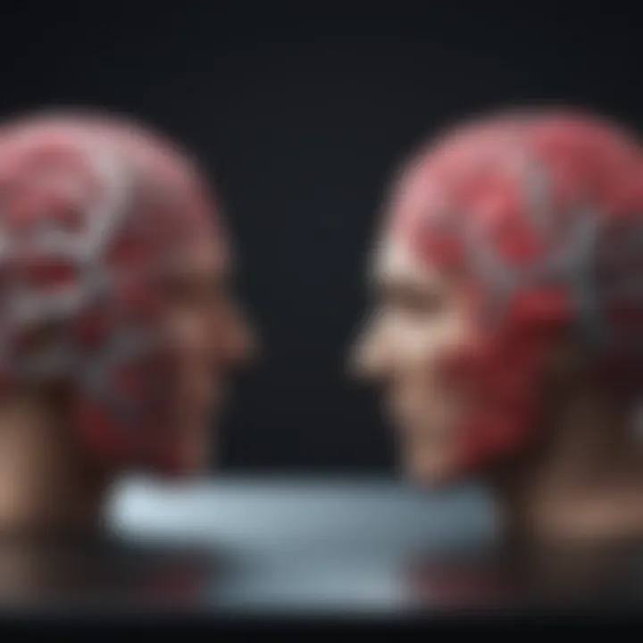 An abstract representation of emotional intelligence, featuring interconnected hearts and brains.