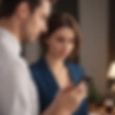 Discreet Phone Check Illustration showing a person checking their partner's phone discreetly