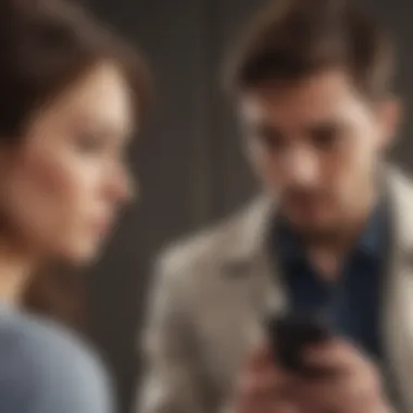 Understanding Communication Patterns A person looking at their partner's phone with suspicion