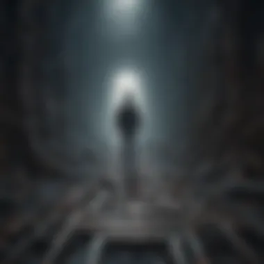 Navigating the Abyss Maze with intricate paths symbolizing the complexities of PTSD