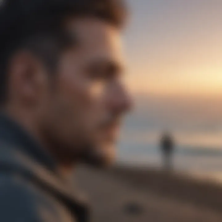 A man gazing at a distant horizon with a reflective stance