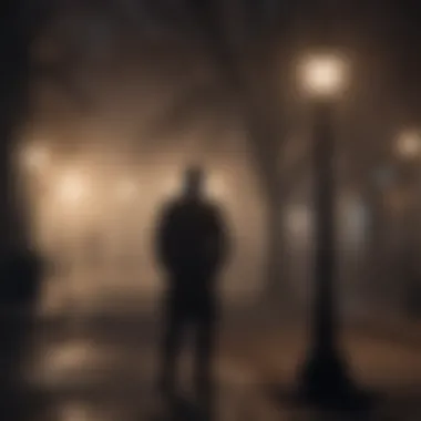 A man standing alone under a dimly lit streetlamp in the fog