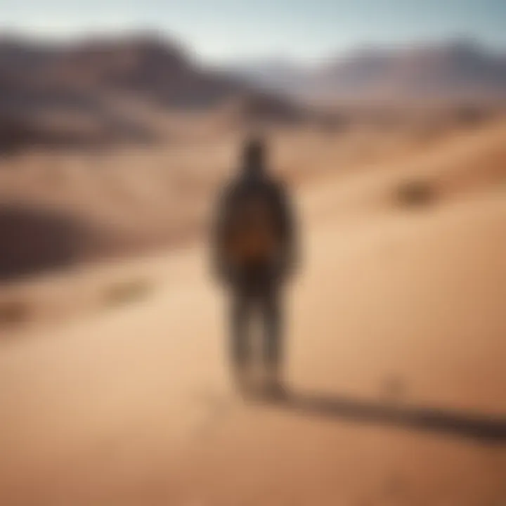 Lonely figure standing in a vast desert