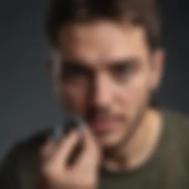 Lonely man looking at a locked heart-shaped padlock