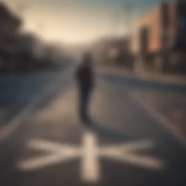 Choices in Solitude Lonely man standing at a crossroads