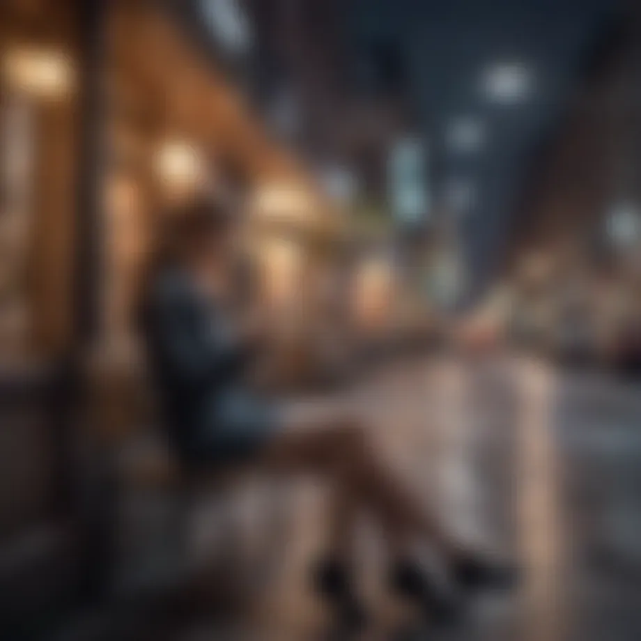 Woman sitting alone looking at phone