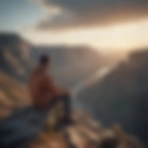 A man sitting on a cliff edge overlooking a vast landscape