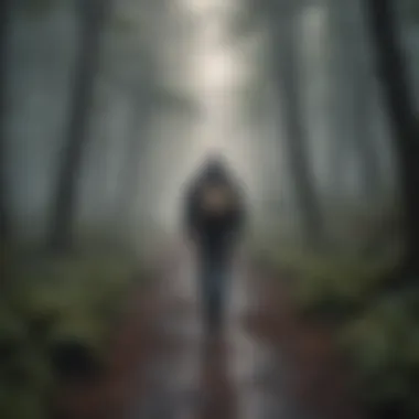 A man walking through a misty forest with a book in hand