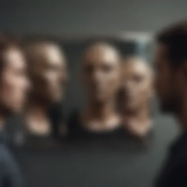 Dual Persona Sculpture of a man holding a mask in one hand and a mirror in the other
