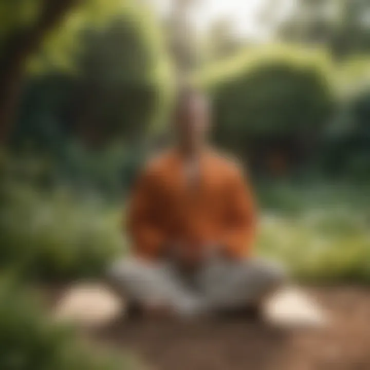 Illustration of a person meditating in a peaceful garden