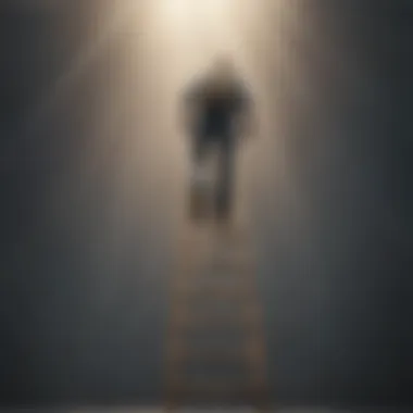 Abstract illustration of a person climbing a ladder to success with a shining light at the top