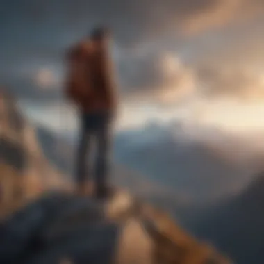 A man standing on a mountain peak looking into the distance