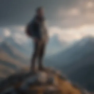 Confident man standing tall on mountaintop